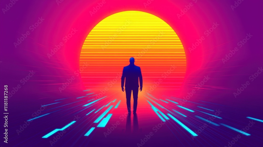 Silhouette of a Person Against a Vibrant Sunset with Neon Colors and Futuristic Elements Silhouette of a Person Against a Vibrant Sunset with Neon Colors and Futuristic Elements