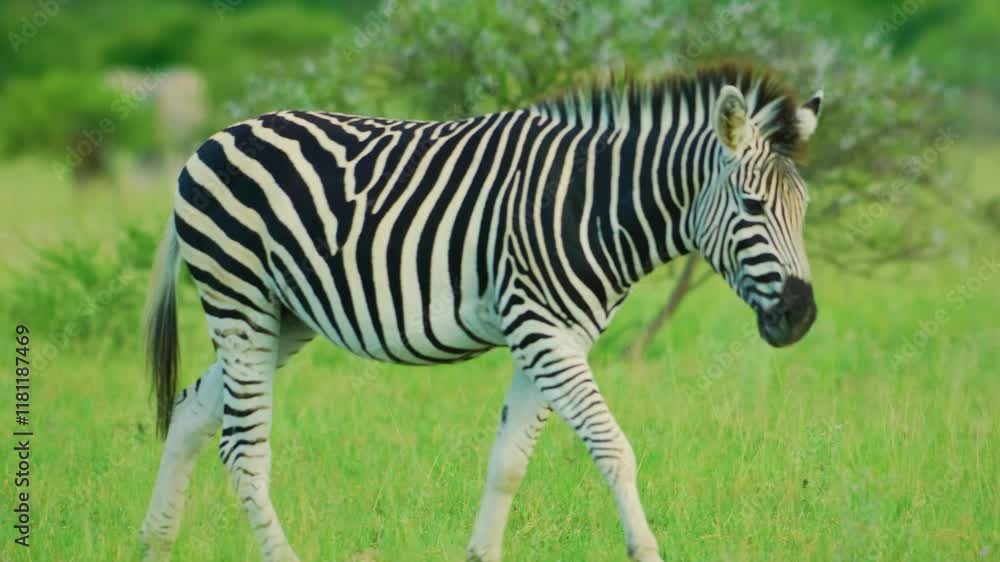 Close up of a male young zebra walking in slow motion in savannah, selective focus. Close up of a male young zebra walking in slow motion in savannah, selective focus.