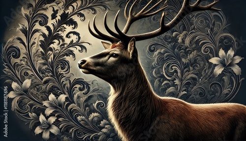 Majestic Stag with Dark Swirling Floral Backdrop