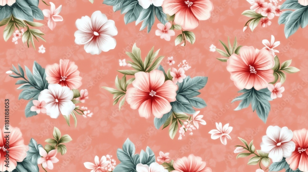Elegant pink and green floral pattern on a soft peach background for spring designs Elegant pink and green floral pattern on a soft peach background for spring designs