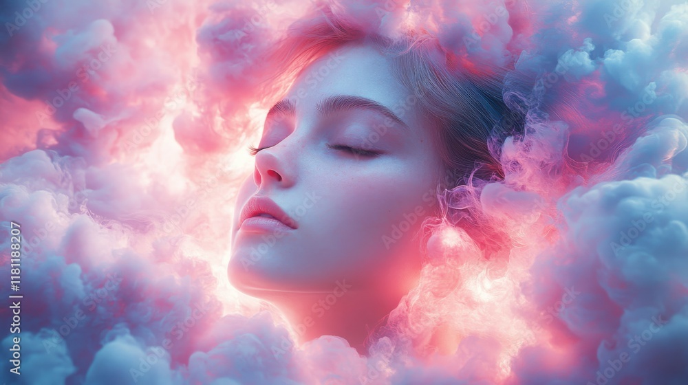 Surreal portrait of a woman in pink clouds Surreal portrait of a woman in pink clouds