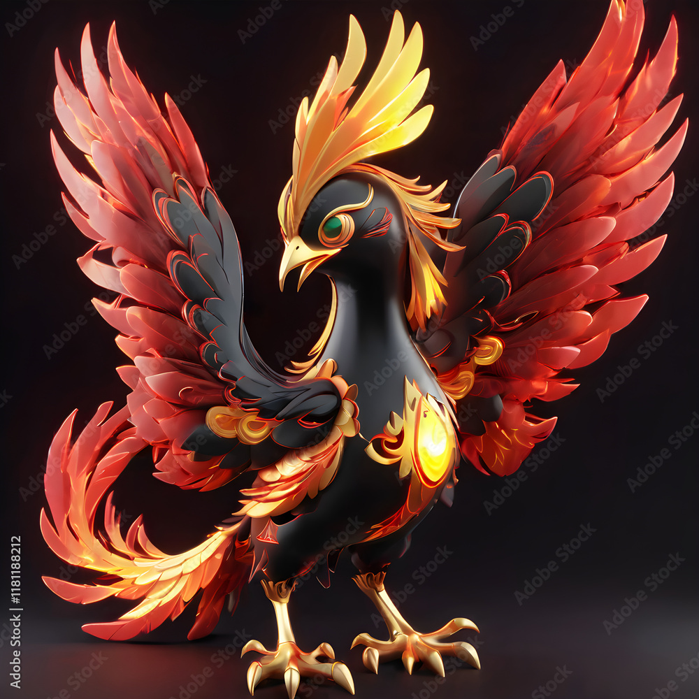 Fototapeta premium A 3D phoenix with glowing, fiery red and gold feathers on a plain black background, highly detailed.