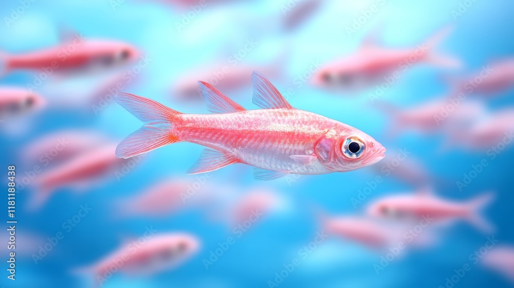 Fototapeta premium A school of vibrant pink fish thrives in the tranquil blue ocean depths.