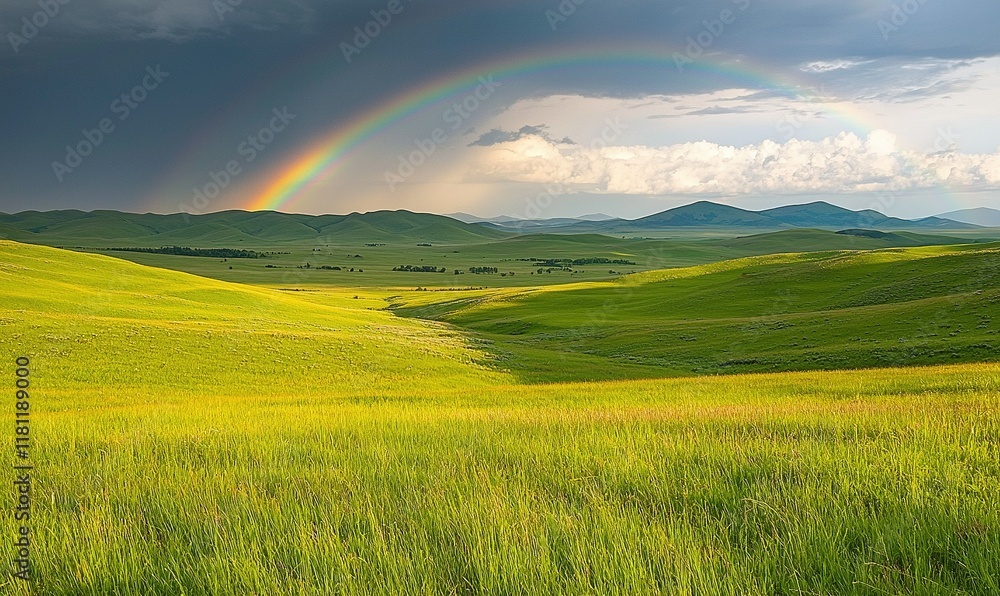 Fototapeta premium Rainbow over green hills and valley.