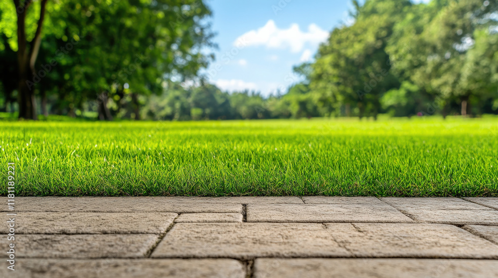 Lush green grass and stone pathway in sunny park setting, creating serene outdoor atmosphere. Perfect for relaxation and nature appreciation Lush green grass and stone pathway in sunny park setting, creating serene outdoor atmosphere. Perfect for relaxation and nature appreciation