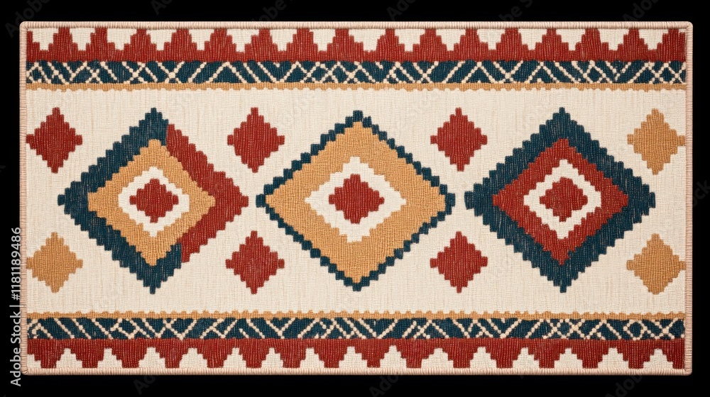 Colorful Geometric Area Rug with Red, Blue, and Beige Patterns Colorful Geometric Area Rug with Red, Blue, and Beige Patterns