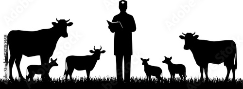 Vector silhouette of veterinary with group of animals on white background. Symbol of farm and vet. Transparent background PNG cutout.
