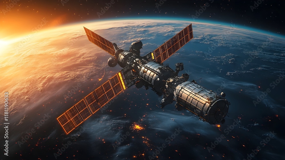 Fototapeta premium A photo of an advanced space station orbiting a colorful planet.