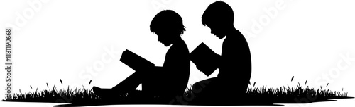 Vector silhouette of siblings sitting in the grass and reading book on white background. Symbol of girl, sister, brother, friends, family, infant, childhood Transparent background PNG cutout.