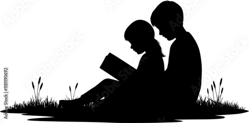 Vector silhouette of siblings sitting in the grass and reading book on white background. Symbol of girl, sister, brother, friends, family, infant, childhood Transparent background PNG cutout.