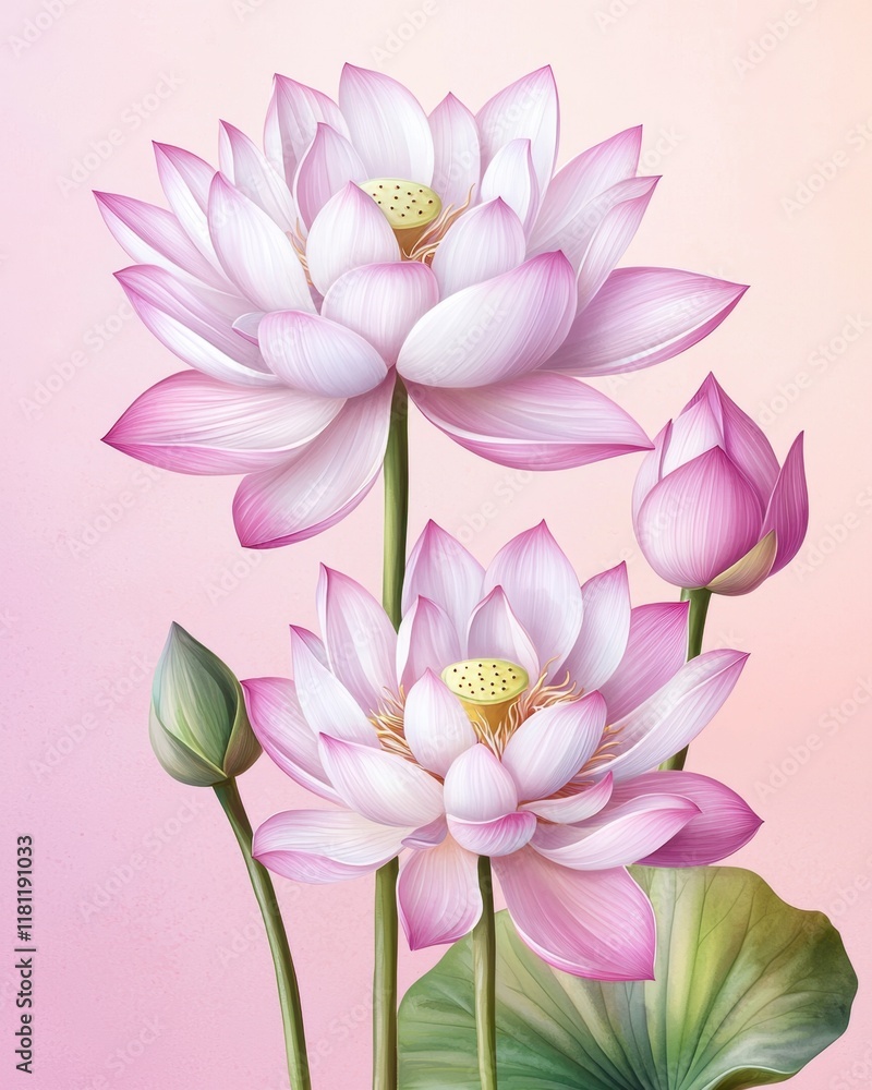 Fototapeta premium Romantic watercolor floral patterns concept with pastel tone. Beautiful pink lotus flowers on a soft gradient background