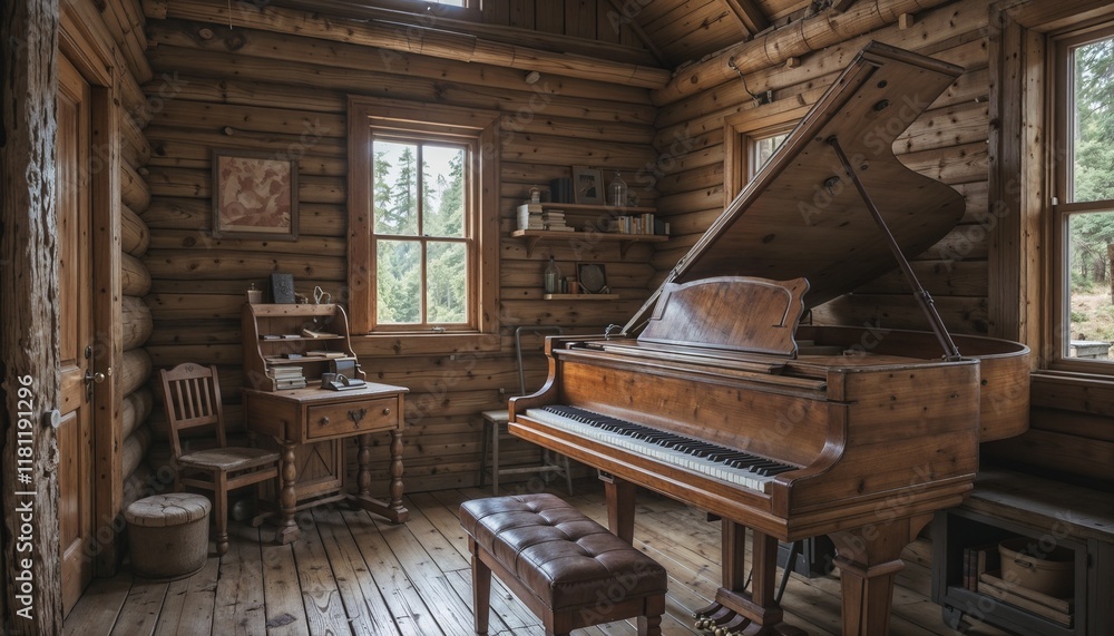 Obraz premium Rustic grand piano in a cozy wooden cabin interior.