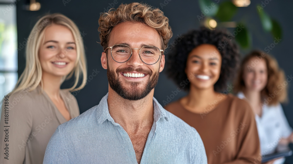 Fototapeta premium Smiling man with curly hair and glasses in group of friends, showcasing positive atmosphere in modern office setting