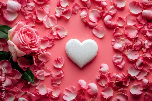 Romantic Valentine's Day Arrangement with Pink Rose, Heart-Shaped Object, and Delicate Petals on Soft Red Background for Love Celebrations