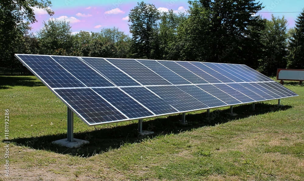 Solar panels in a green field, capturing sunlight under a summer sky. Solar panels in a green field, capturing sunlight under a summer sky.