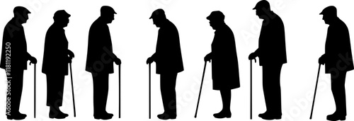 Vector silhouette of old people on white background. Transparent background PNG cutout.