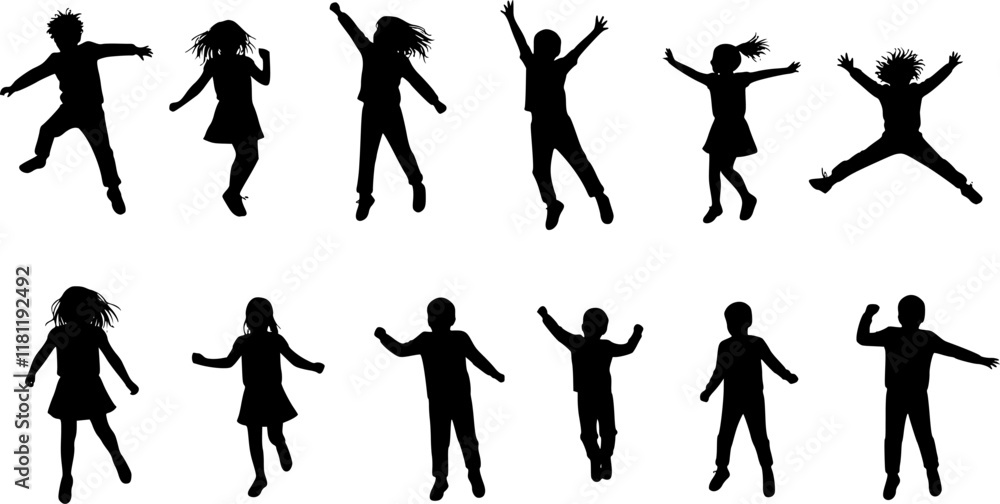 Vector silhouette of children. Transparent background PNG cutout.
Vector silhouette of children. Transparent background PNG cutout.