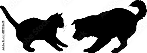 Vector silhouette of couple of dog and cat on white background Transparent PNG cutout.
