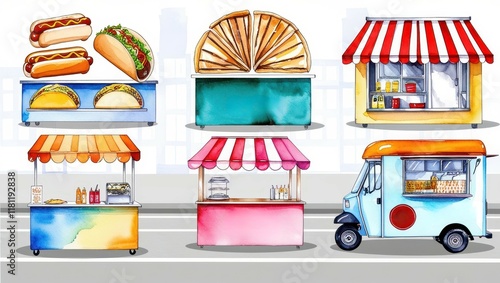 Watercolor Illustration of Various Food Carts and Stands Hot Dogs Tacos Pizza and More photo