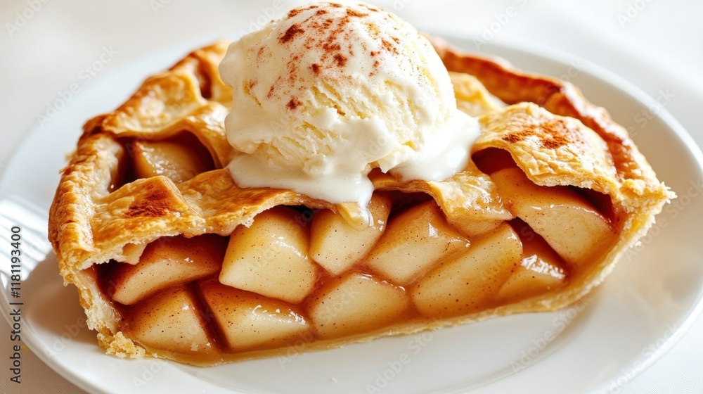 Delicious apple pie slice topped with creamy vanilla ice cream, served on a white plate. Perfect for dessert lovers. Delicious apple pie slice topped with creamy vanilla ice cream, served on a white plate. Perfect for dessert lovers.