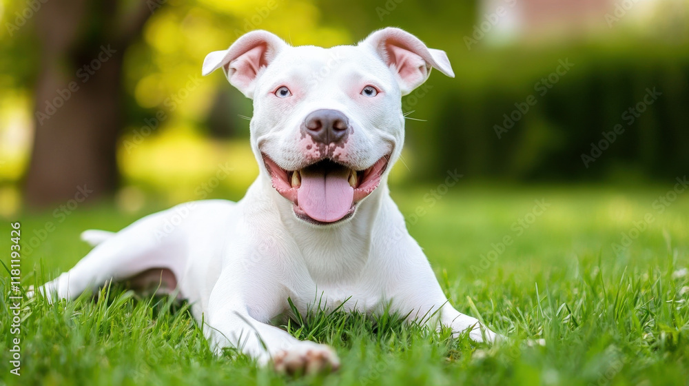 Happy white dog lying on green grass, enjoying sunny day outdoors. This playful pet exudes joy and warmth, perfect for capturing essence of companionship Happy white dog lying on green grass, enjoying sunny day outdoors. This playful pet exudes joy and warmth, perfect for capturing essence of companionship