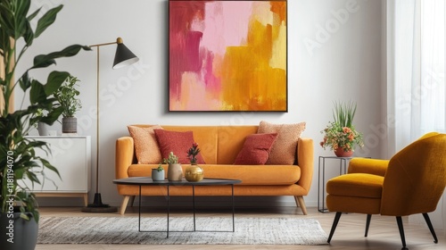 A vibrant abstract composition with bold brushstrokes in shades of orange, pink, and yellow, perfect for modern interiors