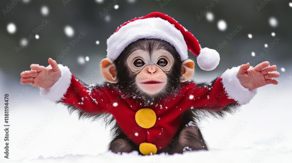 Baby monkey wearing a red Santa hat and a red jacket. The monkey is smiling and he is happy Baby monkey wearing a red Santa hat and a red jacket. The monkey is smiling and he is happy