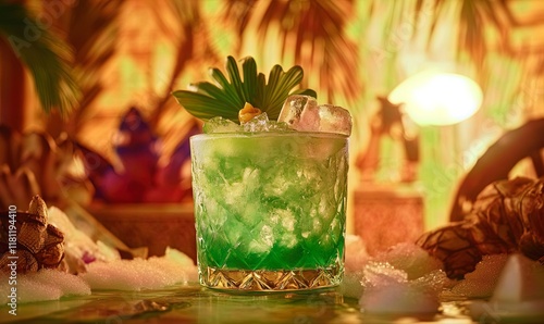 Tropical green cocktail with ice and garnish in tiki bar setting.
