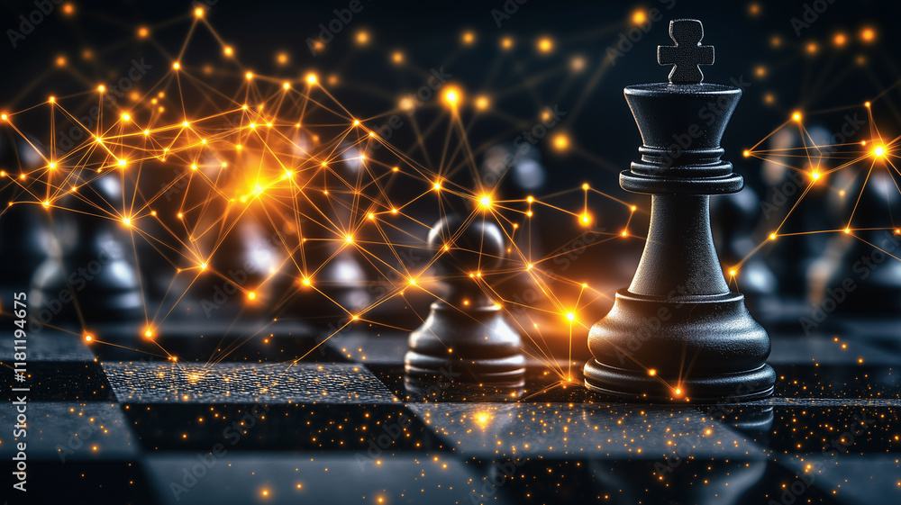 Chessboard Strategy: A black king and pawn stand tall amidst a network of glowing lines, representing strategic planning and interconnectedness in a world of data and information. Chessboard Strategy: A black king and pawn stand tall amidst a network of glowing lines, representing strategic planning and interconnectedness in a world of data and information.