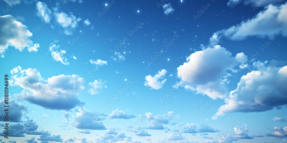 Serene blue sky with fluffy clouds and twinkling stars Serene blue sky with fluffy clouds and twinkling stars