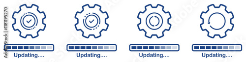 Updating system icons with gears isolated set on white background. Set of Update software icons.  System upgrade notification icons. Progress install symbols set.  Updating application icons.