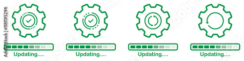 Updating system icons with gears isolated set on white background. Set of Update software icons.  System upgrade notification icons. Progress install symbols set.  Updating application icons.