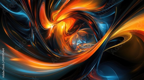 A vibrant abstract painting with dynamic orange and yellow swirls, contrasted by dark blue and black tones