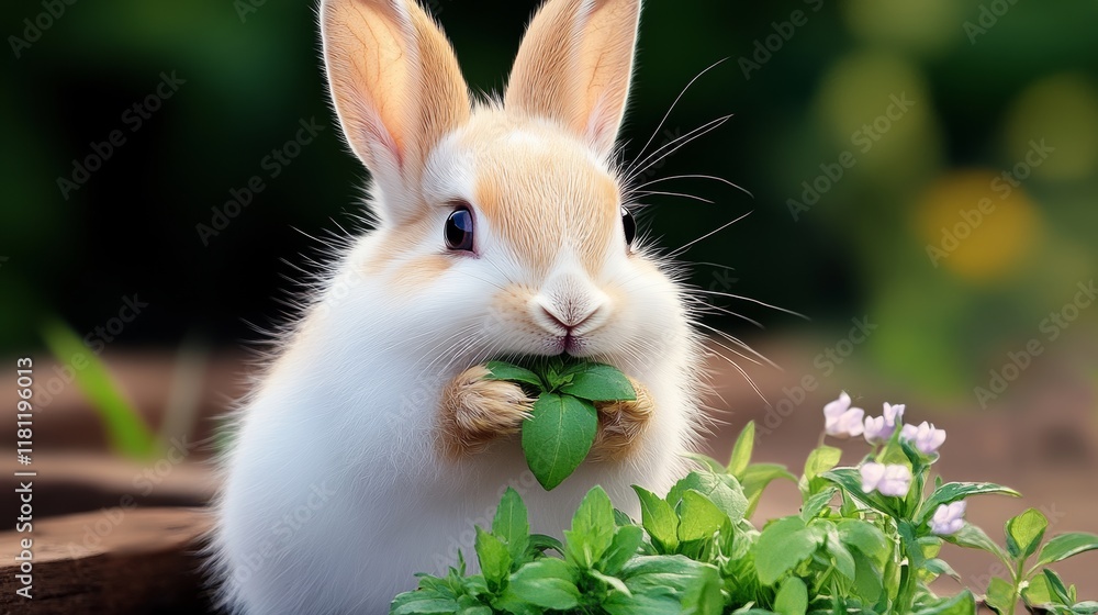 Fototapeta premium Cute white rabbit is eating a green leaf. The rabbit is small and fluffy, and it is enjoying its snack. Concept of innocence and playfulness, as the rabbit is simply enjoying a moment of relaxation