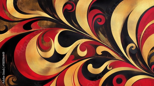 A vibrant artwork with swirling gold and red patterns, featuring bold black accents for a dramatic flair