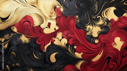 A vibrant artwork with swirling gold and red patterns, featuring bold black accents for a dramatic flair