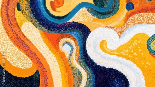 A vibrant abstract artwork with swirling orange and yellow patterns, accented by hints of white and blue