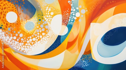 A vibrant abstract artwork with swirling orange and yellow patterns, accented by hints of white and blue