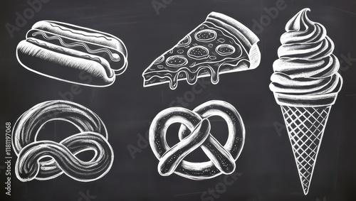 Wallpaper Mural Chalkboard Menu Hot Dog Pizza Slice Pretzel Ice Cream Cone Drawings Torontodigital.ca