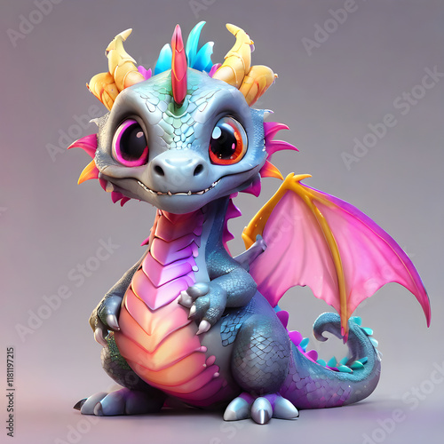 A cluster of 3D dragons in various bright, glowing colors on a plain misty gray background, ultra-detailed scales. photo