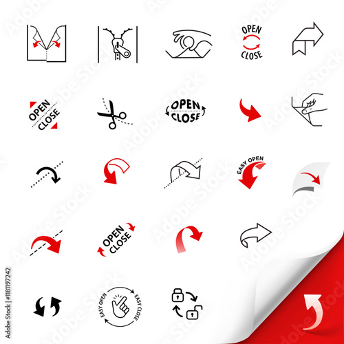 A set of icons for opening packaging. Set for package, shows the place of opening. Vector elements. Ready and simple to use for your design. EPS10.