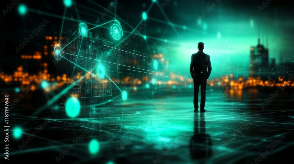 Obraz premium Man exploring futuristic digital interface against a vibrant cityscape backdrop