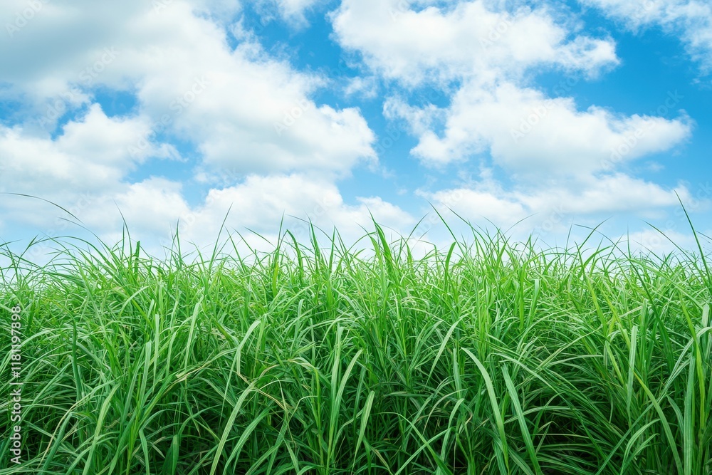 Lush green grass field, blue sky, clouds, summer day, nature background Lush green grass field, blue sky, clouds, summer day, nature background