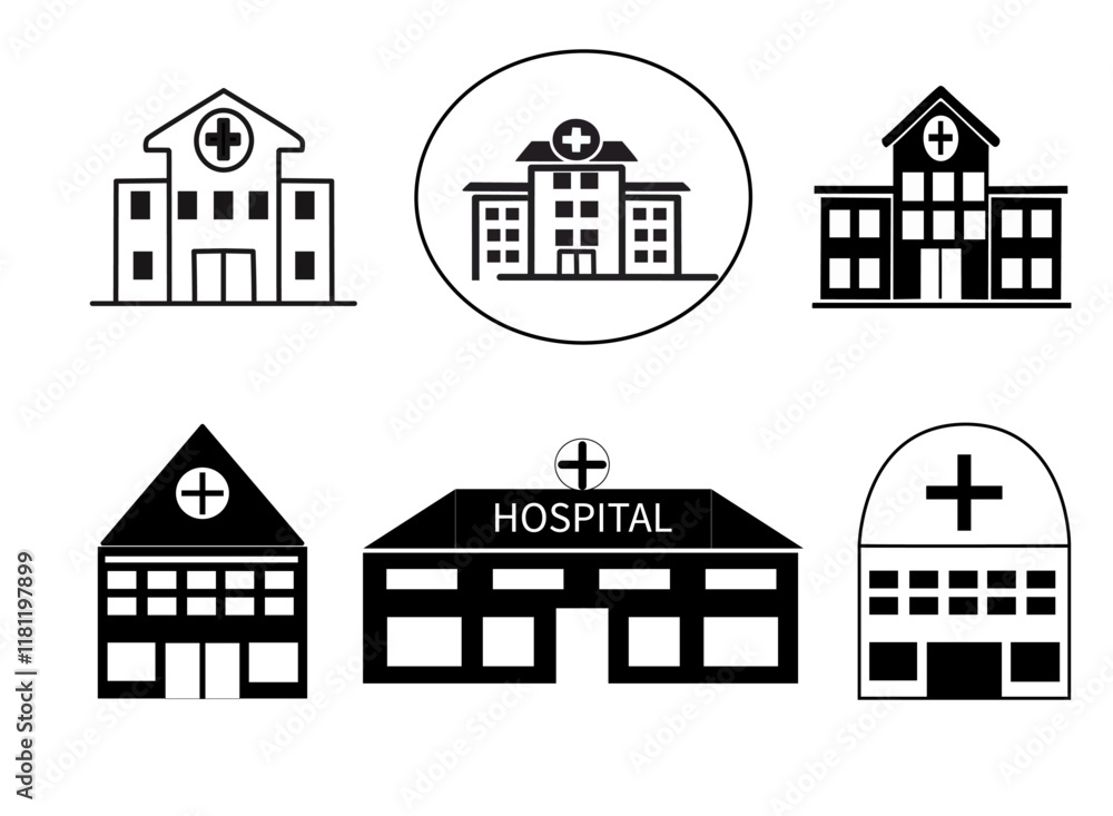 Fototapeta premium Set de iconos de hospital. Iconos de medicina de edificios para la salud. Símbolos de salud.