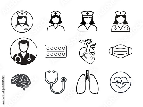 Conjunto de iconos médicos en estilo lineal, con representaciones de enfermeras, médicos, corazón, cerebro, pulmones, mascarilla y elementos relacionados con la salud.

