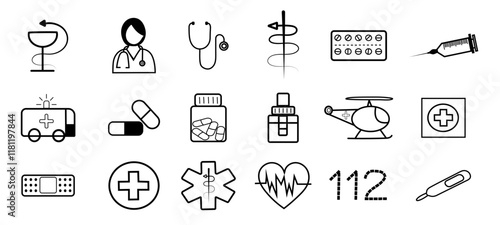 Conjunto de iconos médicos en estilo lineal, representando elementos de salud como medicamentos, ambulancia, estetoscopio y primeros auxilios