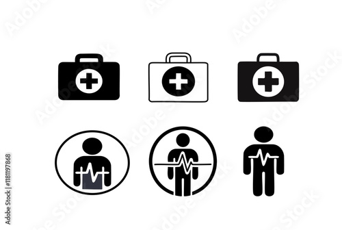 Conjunto de iconos médicos en estilo lineal y sólido, representando botiquines de primeros auxilios y figuras humanas con electrocardiogramas