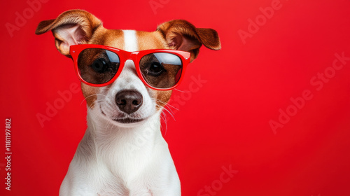 Stylish dog wearing red sunglasses against vibrant red background, exuding playful and trendy vibe. Perfect for pet lovers and fashion enthusiasts alike photo