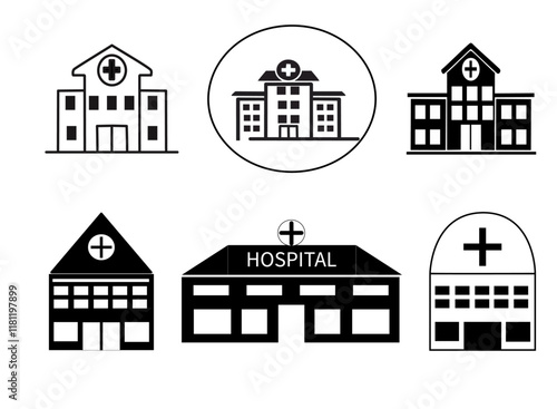 Set de iconos de hospital. Iconos de medicina de edificios para la salud. Símbolos de salud.