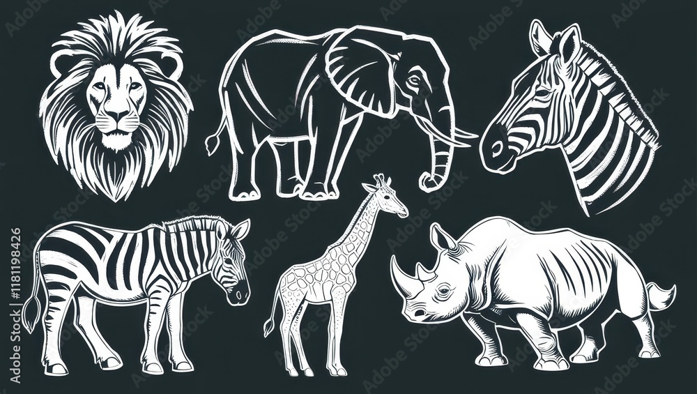 Obraz premium African Safari Animals Lion Elephant Zebra Giraffe Rhino Wildlife Collection